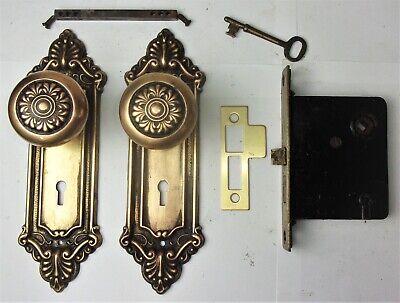 Antique Entrance Door Set Victorian / Eastlake Backplates Knobs Mortise Lock Key