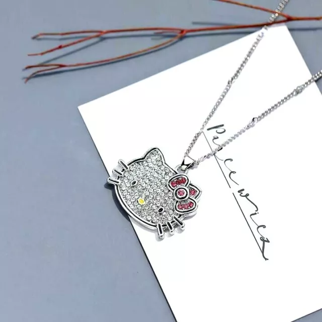 Big Face Cubic Zirconia Cat Hello Kitty Pendant Silver White Gold GP Necklace