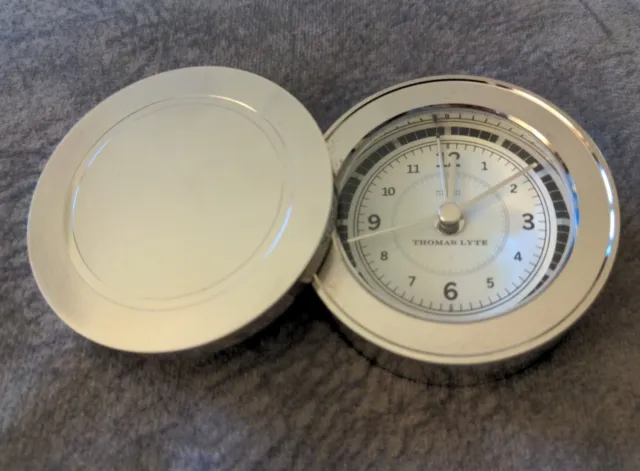 Thomas Lyte Travel Alarm Clock Silver Plate White Face, Snooze & Travel pouch