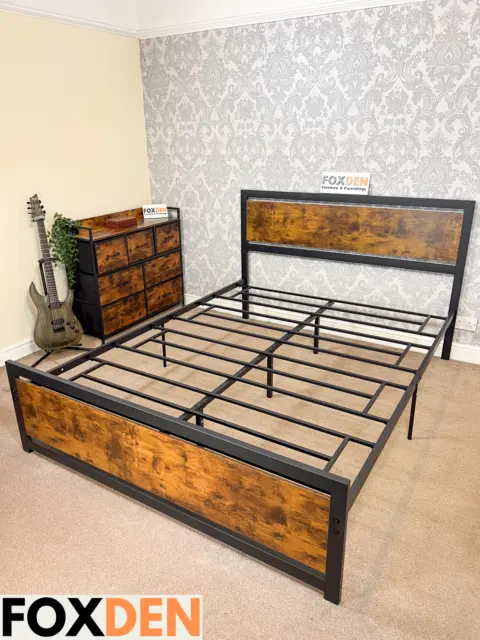 Industrial King Size Bed Frame Metal Platform Bedframe with Headboard Footboard 2