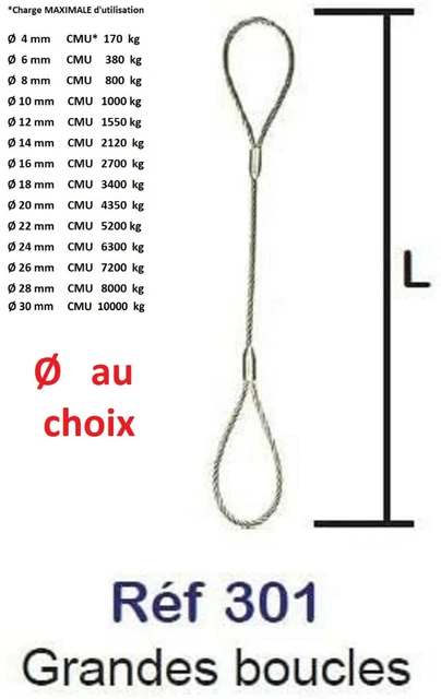 Elingue câble en acier galvanisé  de  Ø  4 à   Ø 30 mm  GRANDE BOUCLE  REF  301