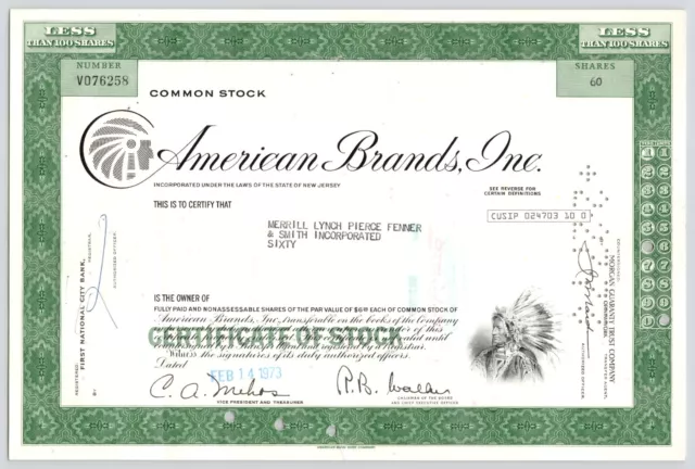 1973 American Brands Inc Less Than 100 Share Common Stock Certificate