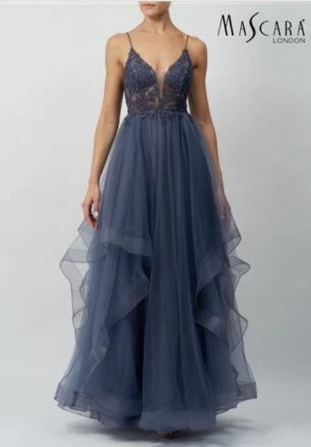 Mascara MC110113 size 18 charcoal grey  Lace tiered tulle evening dress BNWT