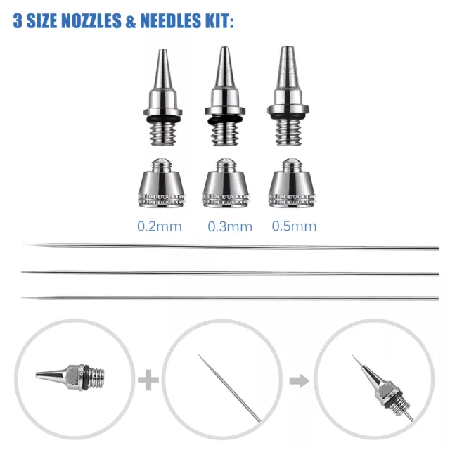 Dual-Action Gravity Feed Airbrush Kit 0.2 0.3 0.5mm Nozzles Set Air Spray Gun 3