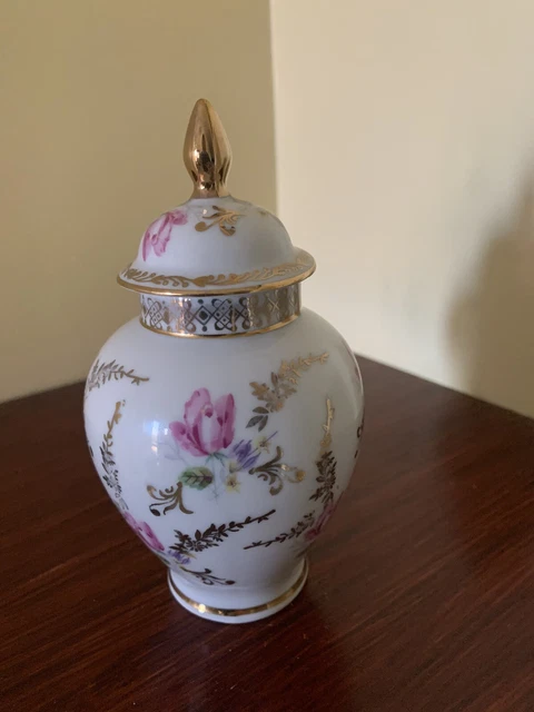 Dresden Germany Pink Floral Sprigs & Gilt Pattern Lidded Jar Canister Pot Urn
