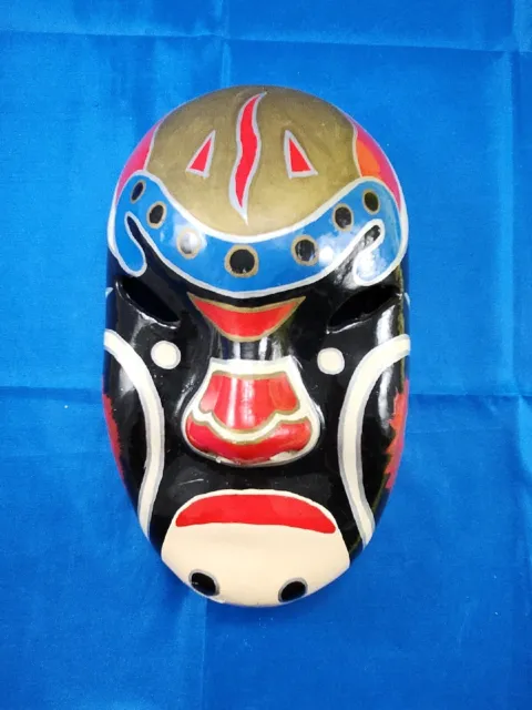 Vintage Chinese New Year Red Blue Gold Paper Plaster Painted Face Opera Mask 10"