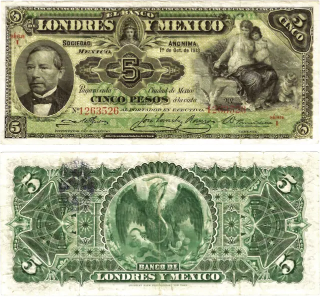 Mexico,5 Pesos,Banco de Londres y Mexico, Series I, 10-1-1913,S/N 1263526,S-233d