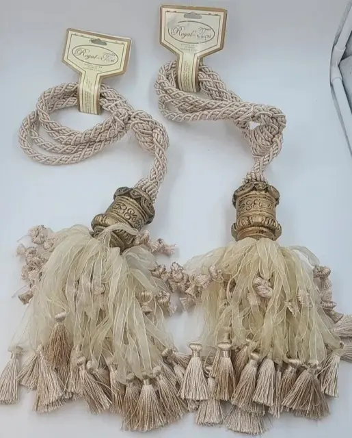 Curtain Drapery Tiebacks Tassels Gold Beige Iridescent Beads Large Set of 2 New