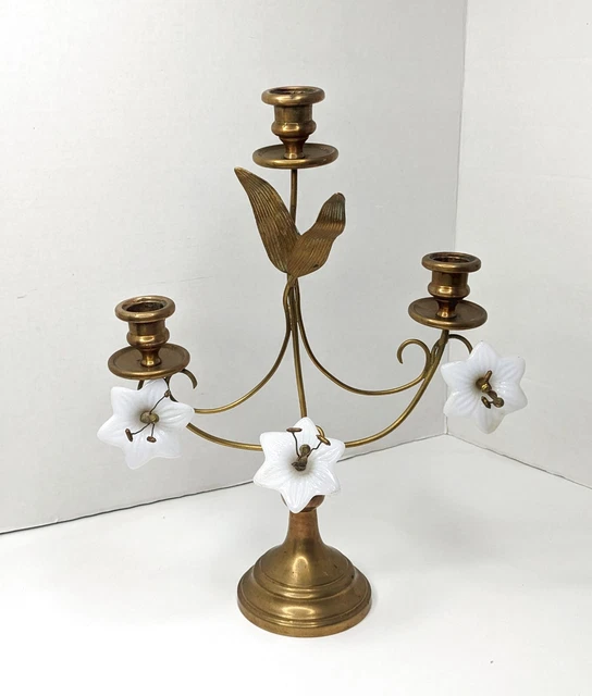 Antique French 19th Century Gilt-Brass and Milk Glass White Lilies Candelabra