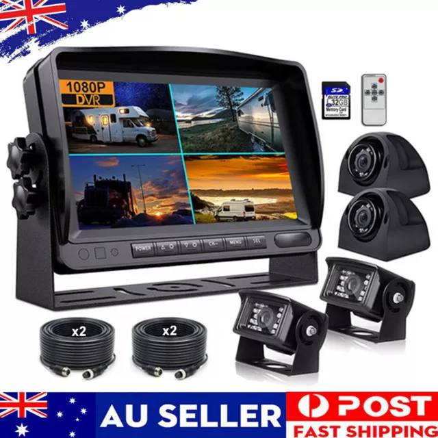 9" Quad Monitor Dvr Screen Rear View Backup Ccd Reverse Camera System Truck Bus