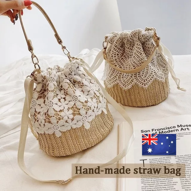 Women Beach Handbag Bucket Bag Straw Bucket Rattan Woven Shoulder Purse Bag AU