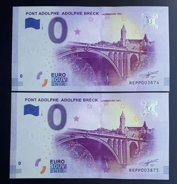 2x Billet 0 euro Souvenir Pont Adolphe Breck 2017 REPP Luxembourg N° Consécutifs