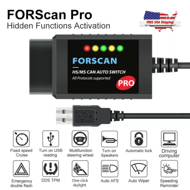 FORScan Pro OBD2 Scanner USB Diagnostic Tool Cable HS MS Code Reader for Ford