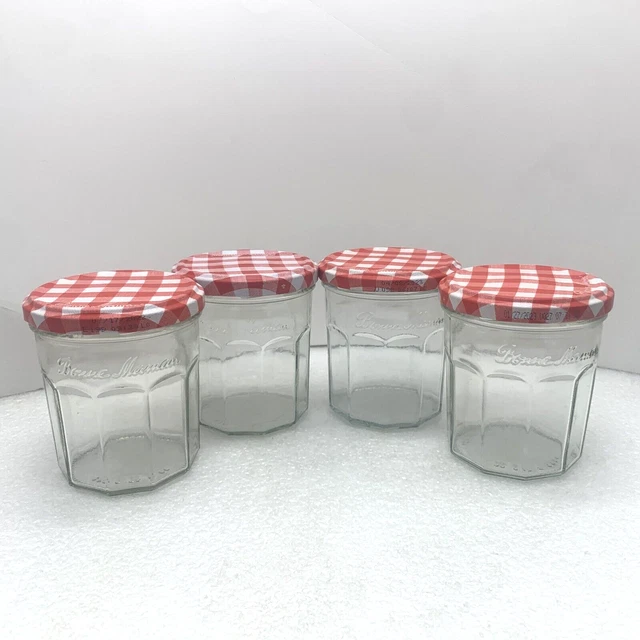 Lot of 4 Bonne Maman 13oz Empty Glass Decagon Jam/Jelly Jars w Red Striped Lid