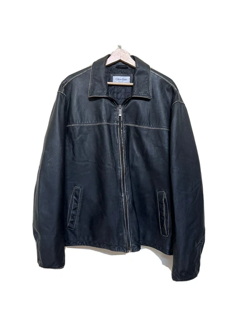 CK Calvin Klein Men's Black Leather Jacket Full Zip  - Size Large