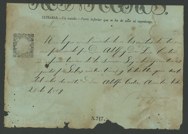 Spanish Colonial Revenue Document / Reintegros-Ultramar / Puerto Rico 1869 #21