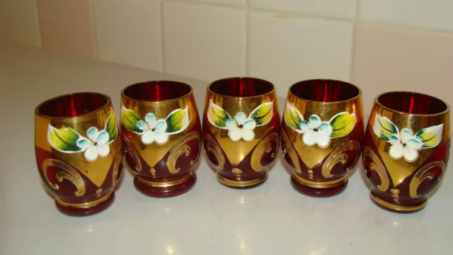 Vintage Bohemian Cranberry Red Glass Handpainted Gold Enamel Flowers 5 Glasses