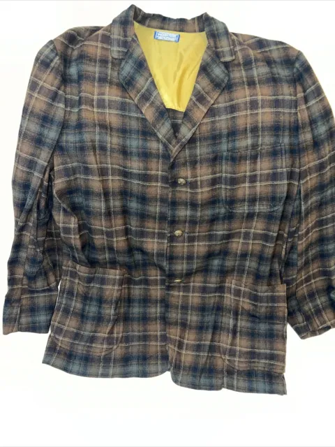 Vtg 1940s 50s Pendleton Brown Black Plaid 100% Virgin Wool Blazer Coat Jacket