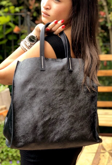 Borsa Vera Pelle Shopper Manila Nera Laminata Pochette Rimovibile e Tracolla