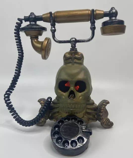 Gemmy Haunted Halloween Skull Talking Rotary Phone Spinning Red Eyes Scary