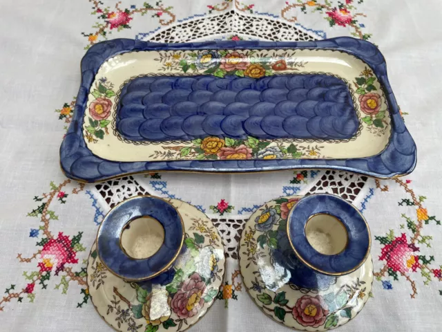 Classic Maling Blue Clemitas Dishes and 2 Candlesticks