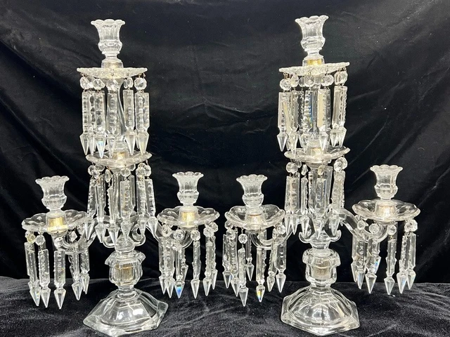 Antique Monumental Pair 21" Cut Crystal Candelabra Girandole Six Light 80 Drops