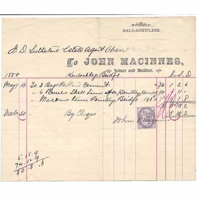 1889 Billhead, John MacInnes, Joiner & Builder, BALLACHULISH