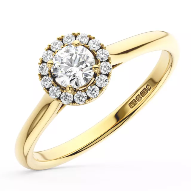 7.00 MM ,Round Brilliant Cut Diamond Halo Engagement Ring in 18K Yellow Gold