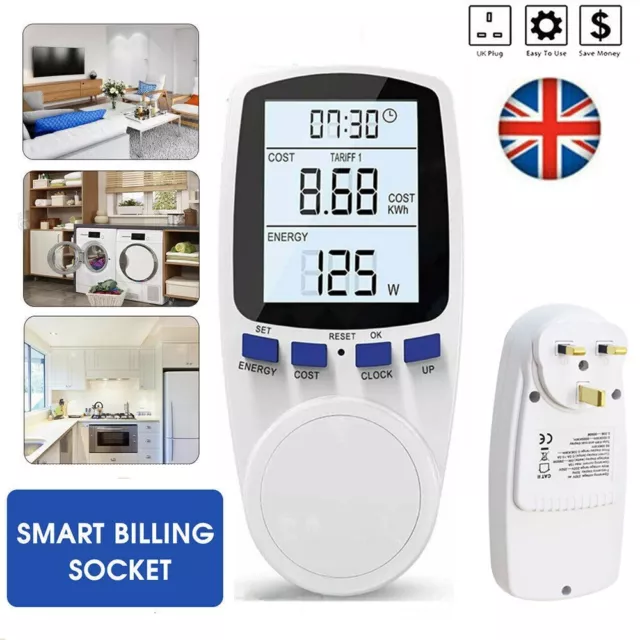 UK PLUG-IN ELECTRICITY Power Consumption Meter Energy Monitor Watt Kwh ...