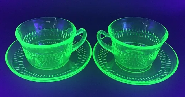 Pair of Vintage Uranium Vaseline Cup & Saucer Sets