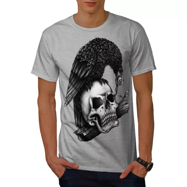 Wellcoda Scary Crow On Skull Mens T-shirt, Horror Graphic Design Printed Tee