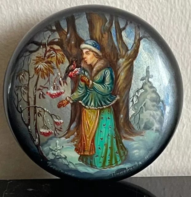 Russian Hand Painted Round Lidded Lacquer Box Signed by Artist