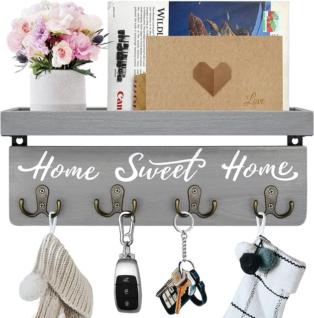 Wall-Mounted Key and Mail Holder, Wooden Key Rack with 4 Double Key Hooks, Rusti