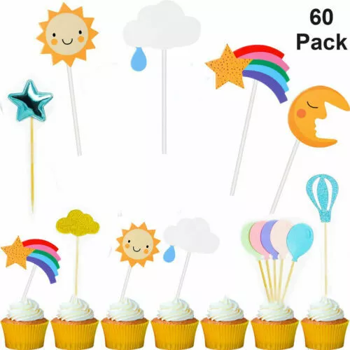 60 Paquete Adornos de Cupcake Cielo Tema Kit Incluye Nube Globo Luna Stars Kit 3