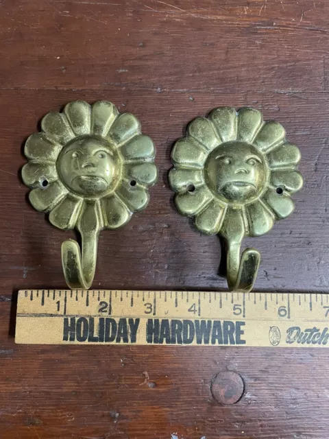 Vintage brass sad face flower coat hooks (2)- UNIQUE! reclaimed hardware