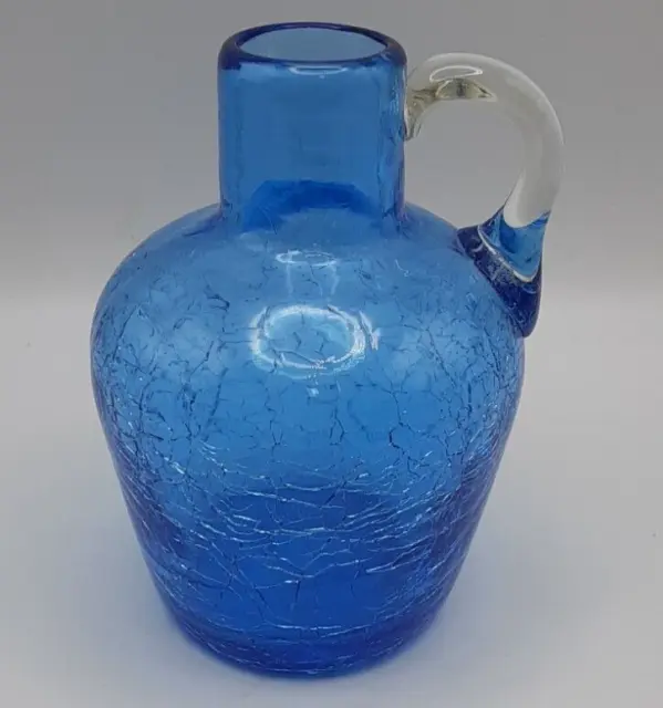 Vintage Cobalt Blue Crackle Glass Jug Bud Vase Hand Blown Applied Clear Handle