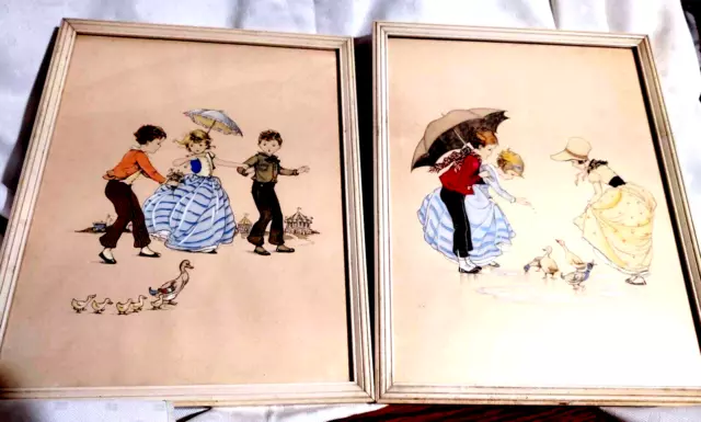 2 Framed Prints VTG Children Ducks Hand Colored Nursery Whimsical Delightful