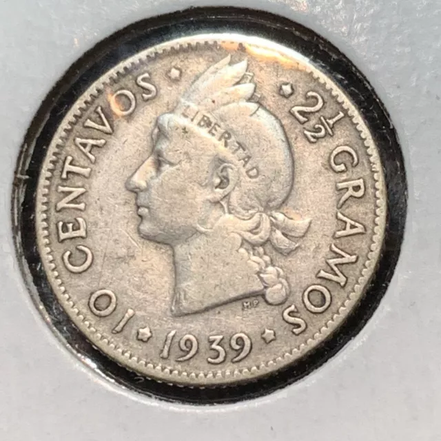 Dominican Republic 10 Centavos Km 19  1939 2.5g 0.90 Silver Extreme Low Mintage