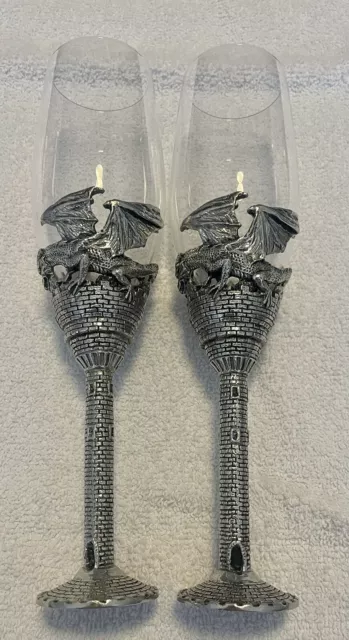 Set of 2 Myths & Legends Pewter Wrapped Champagne Dragon Champagne Glasses