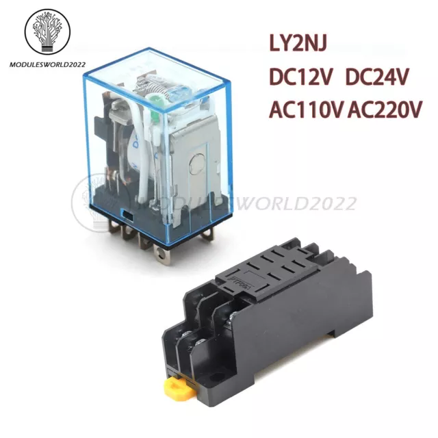 12V 24V 110V 220V AC/DC Coil Power Relay LY2NJ DPDT 8Pin HH62P JQX-13F + Base US