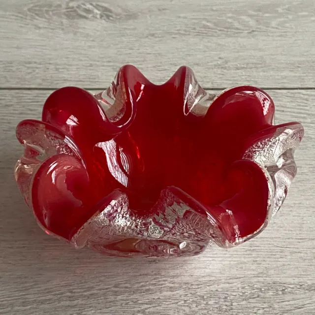 Murano Art Glass Bowl Ruby Red Silver Aventurine Flakes Barovier & Toso Italy