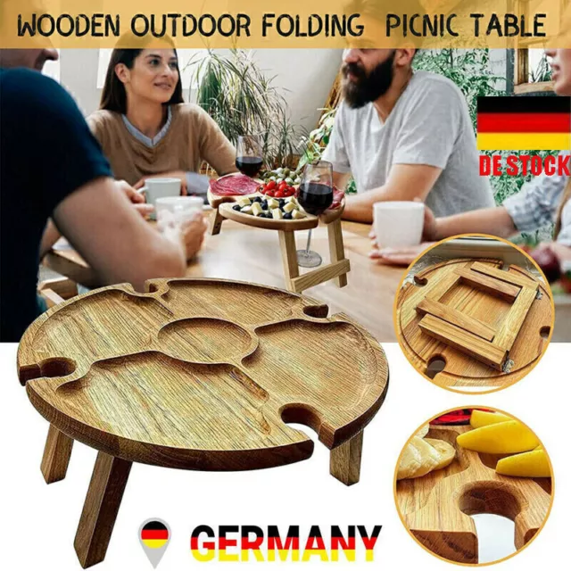 DE Wooden Outdoor Folding 2 In 1 Picnic-Table With Glass Holder Wine Rack U R5F0