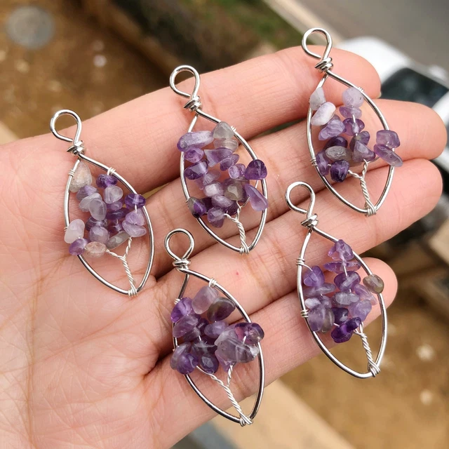 5pcs Amethyst Yoga Gems Stone Tree Of Life Pendants Reiki Healing Amulet