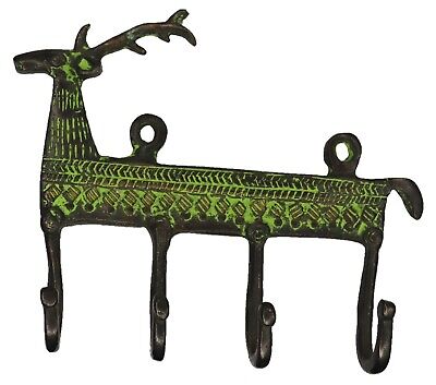 Deer Shape Victorian Antique Finish Handmade Brass Cloth Key 4 Hook Wall Hanger