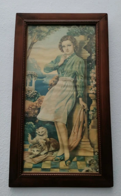 Cuadro Antiguo - Pintura en papel - Marco de madera, con cristal. Mujer con gato