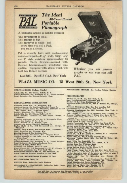 1924 PAPER AD Pal Portable Phonograph Plaza Music Company Hand Crank