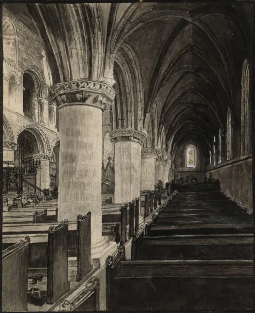 J.E., Worksop Priory Church Interior, Nottinghamshire – mid-C19th watercolour