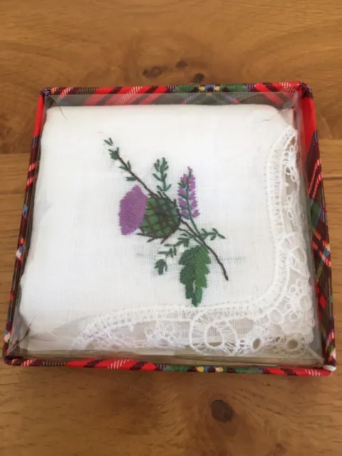 Vintage Embroidered Thistle Handkerchief Hanky Lace Corner in Tartan Box