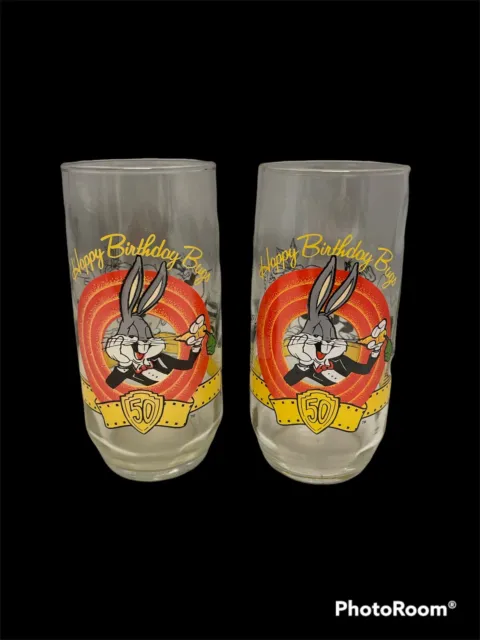 2 Vintage Warner Bros. 1990 Happy Birthday Bugs Bunny, 50th Anniversary Glass
