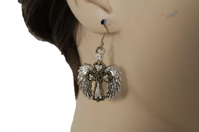 Women Silver Metal Western Fashion Jewelry Earrings Set Angel Wings Cross Gold
